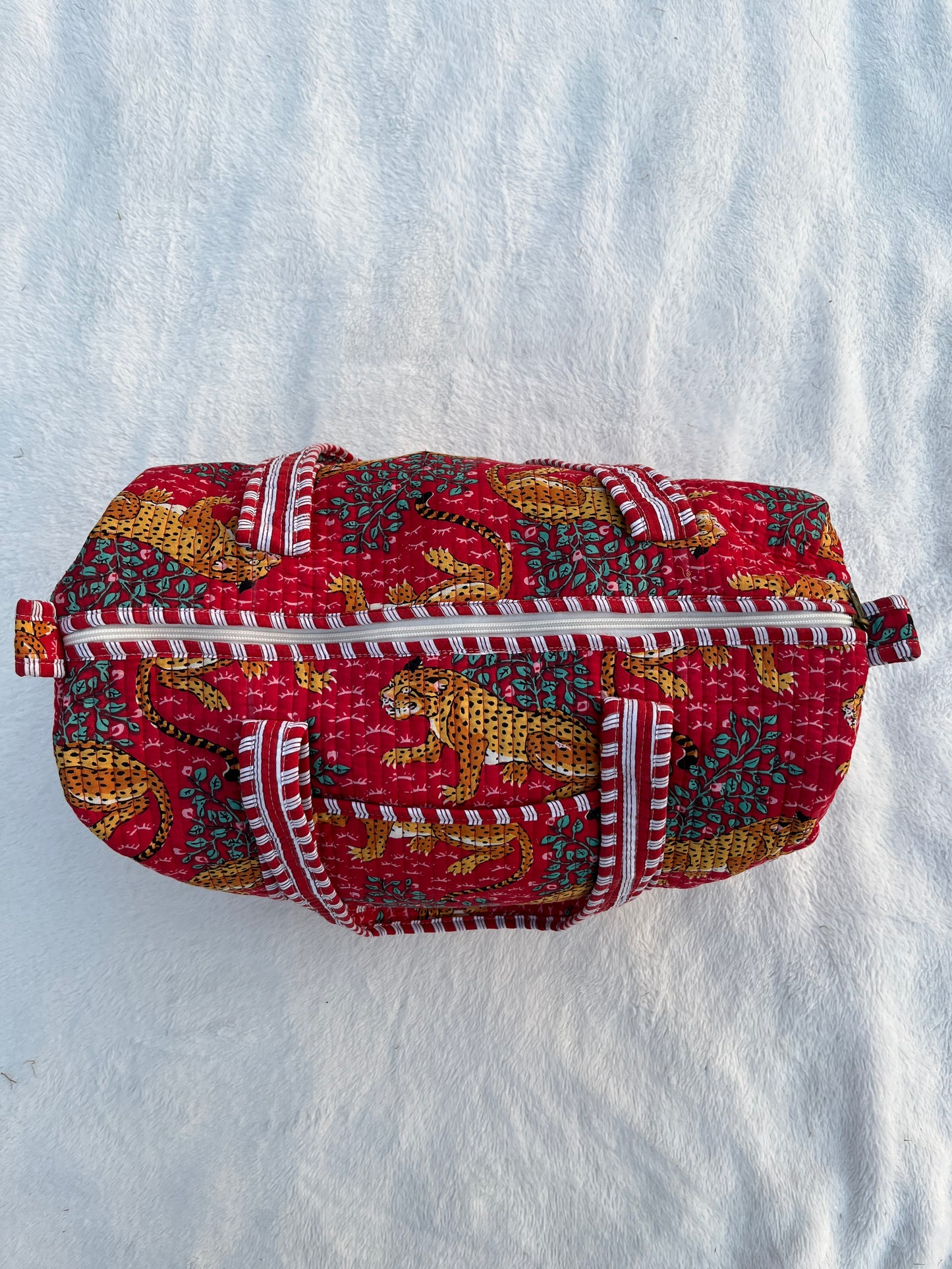 Red leopard Print Quilted Cotton Duffle Bag – Lightweight Travel Weekender