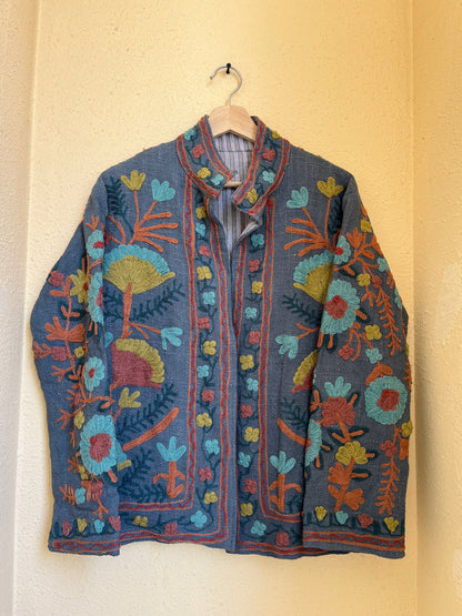 Women's Grey Suzani Reversible Jacket – Artistic Embroidered Statement Jacket