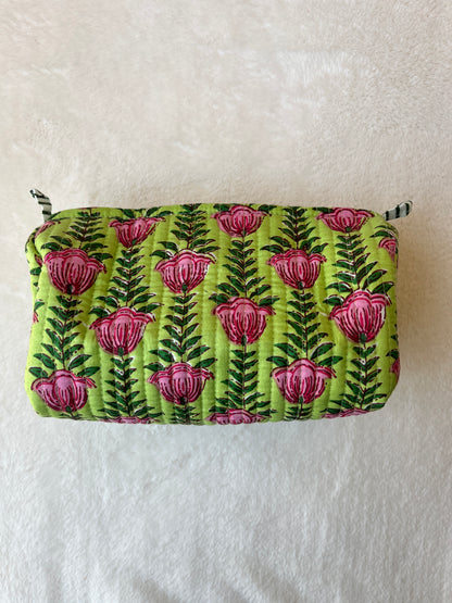 Green pink Lotus floral Quilted Tote & Pouch Set