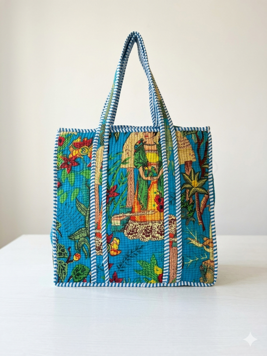 Blue Farida Quilted Mini Tote Bag 14X14