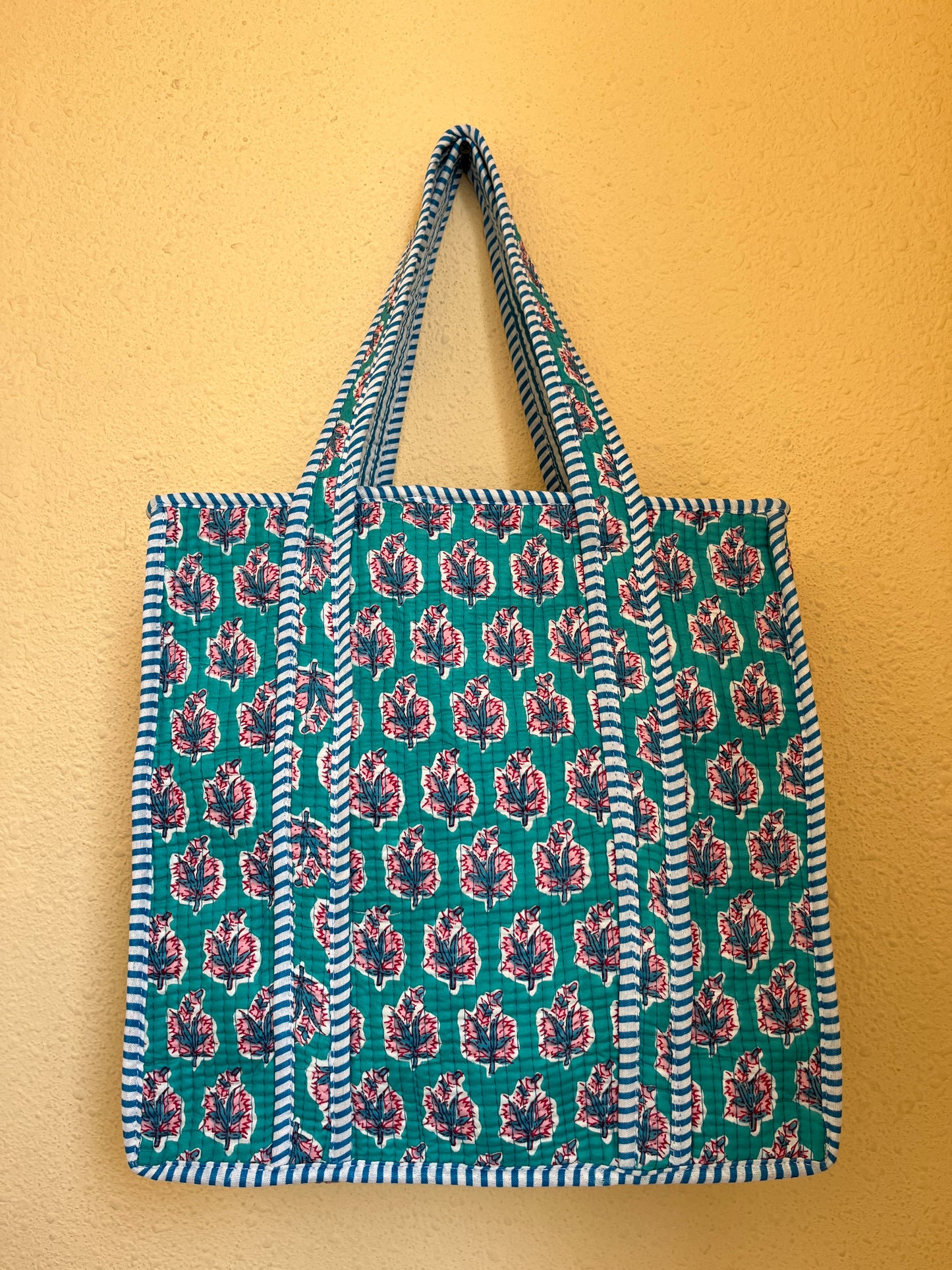 Mint Blue Floral-1 Quilted Mini Tote Bag 14X14