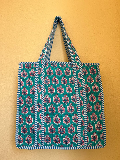 Mint Blue Floral-1 Quilted Mini Tote Bag 14X14