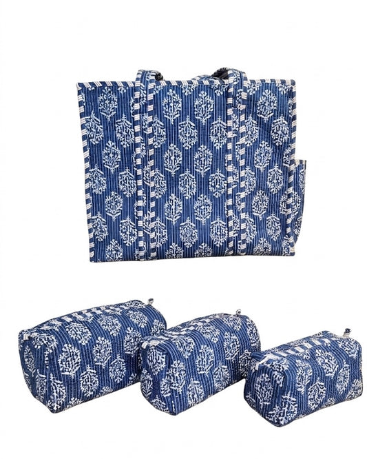 Blue Floral-2 – Tote & 3 Pouch Set