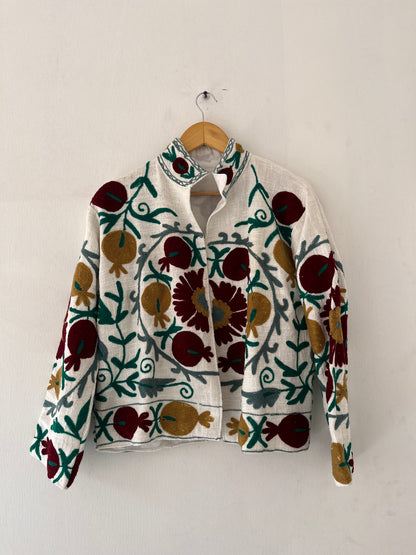 Women's White Floral Suzani Reversible Velvet Jacket – Artistic Embroidered Statement Jacket