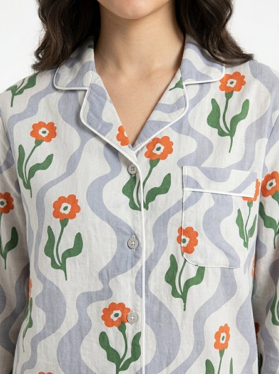 Women’s Orange Citrus Bloom Cotton Night Suit Set – Elegant Two Piece Pajama Set