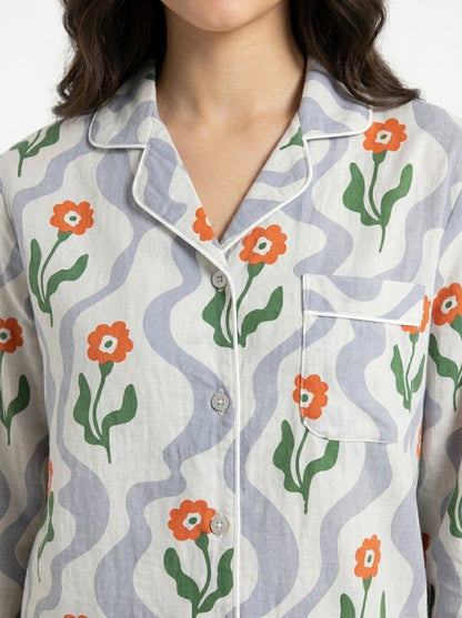 Women’s Orange Citrus Bloom Cotton Night Suit Set – Elegant Two Piece Pajama Set