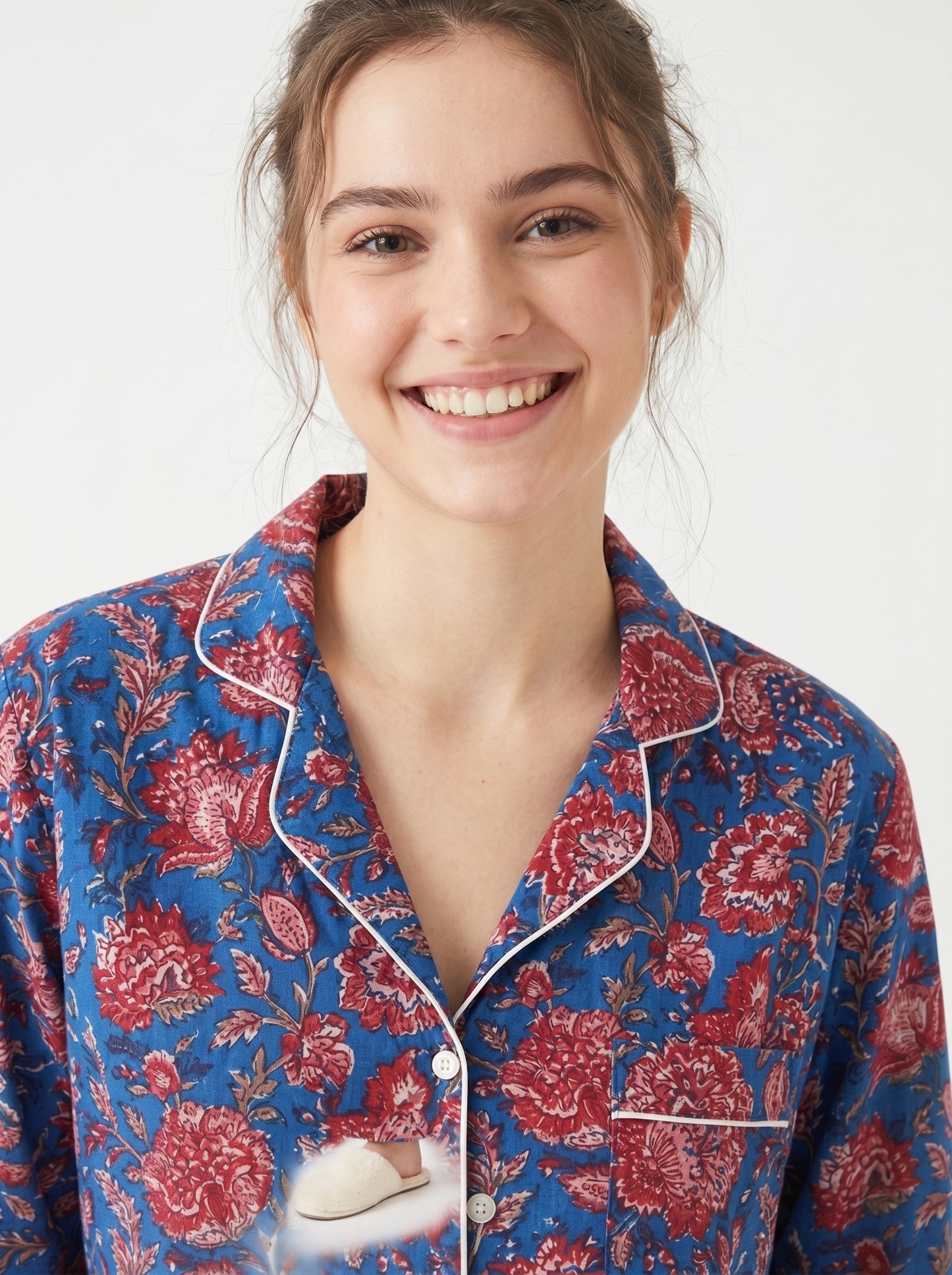Women’s Crimson Blue Petals Cotton Night Suit Set – Elegant Two Piece Pajama Set