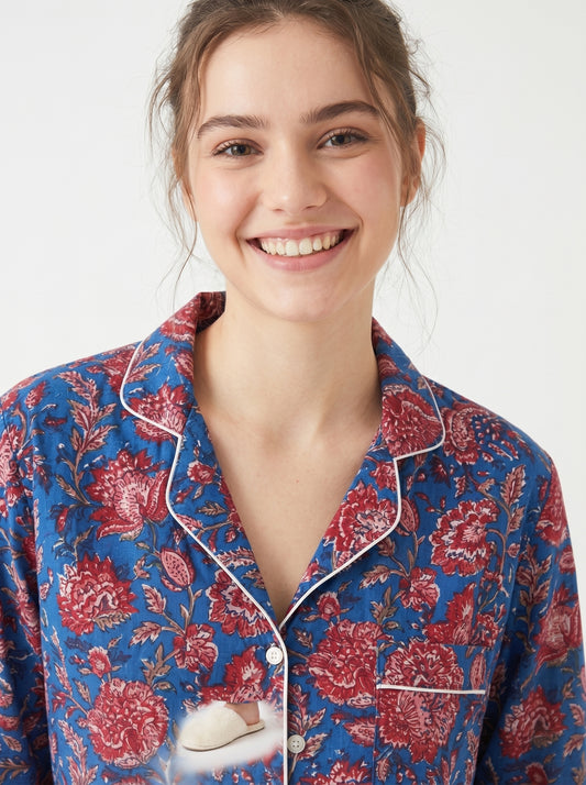 Women’s Crimson Blue Petals Cotton Night Suit Set – Elegant Two Piece Pajama Set