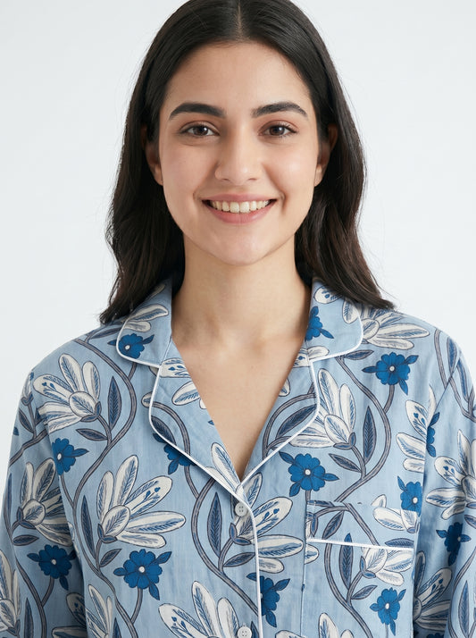 Women’s Little Blue Blooms Print Cotton Night Suit Set – Cute Two Piece Pajama Set