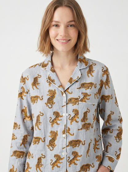 Women’s Smoky Blue Tiger Print Cotton Night Suit Set - Elegant Two Piece Pajama Set