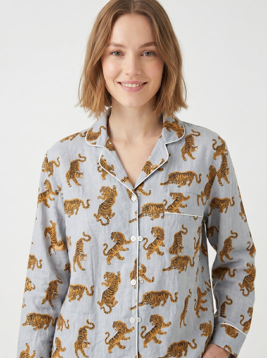 Women’s Smoky Blue Tiger Print Cotton Night Suit Set - Elegant Two Piece Pajama Set