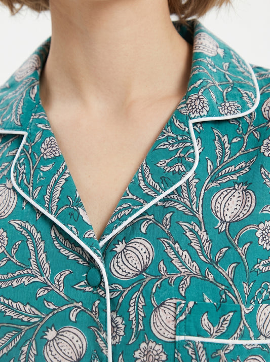 Women’s Teal Blue Floral Cotton Night Suit Set – Elegant Two Piece Pajama Set