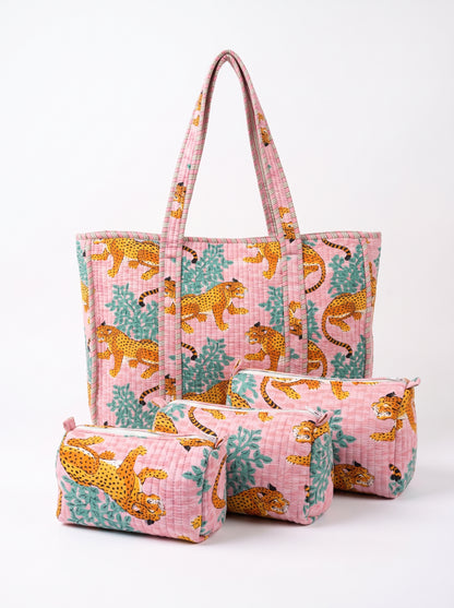 Pink & Blue Leopard - Tote & 3 Pouch Set 19X15