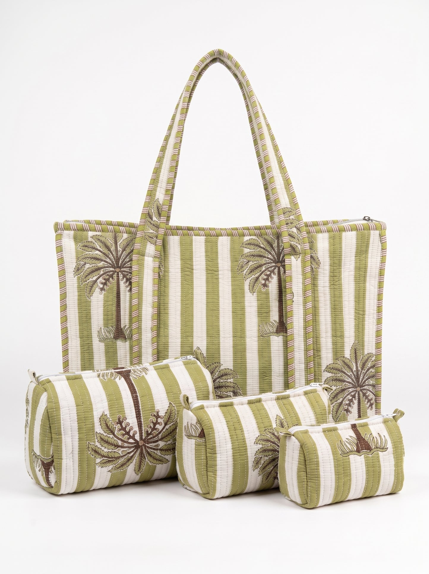 Midnight Beach Green Palms - Tote & 3 Pouch Set 19X15