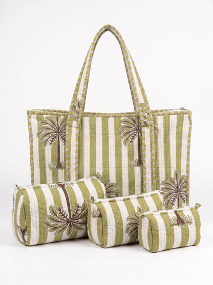 Midnight Beach Green Palms - Tote & 3 Pouch Set 19X15
