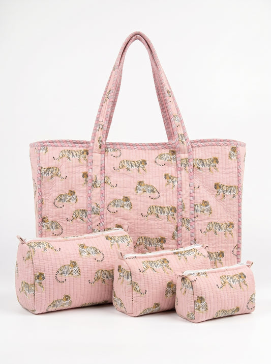 Mini Pink Tiger Riot -  Tote & 3 Pouch Set 19X15
