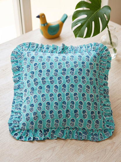 Blue Floral Hand Block Printed Cotton Cushion Cover Set of 5 – 18x18