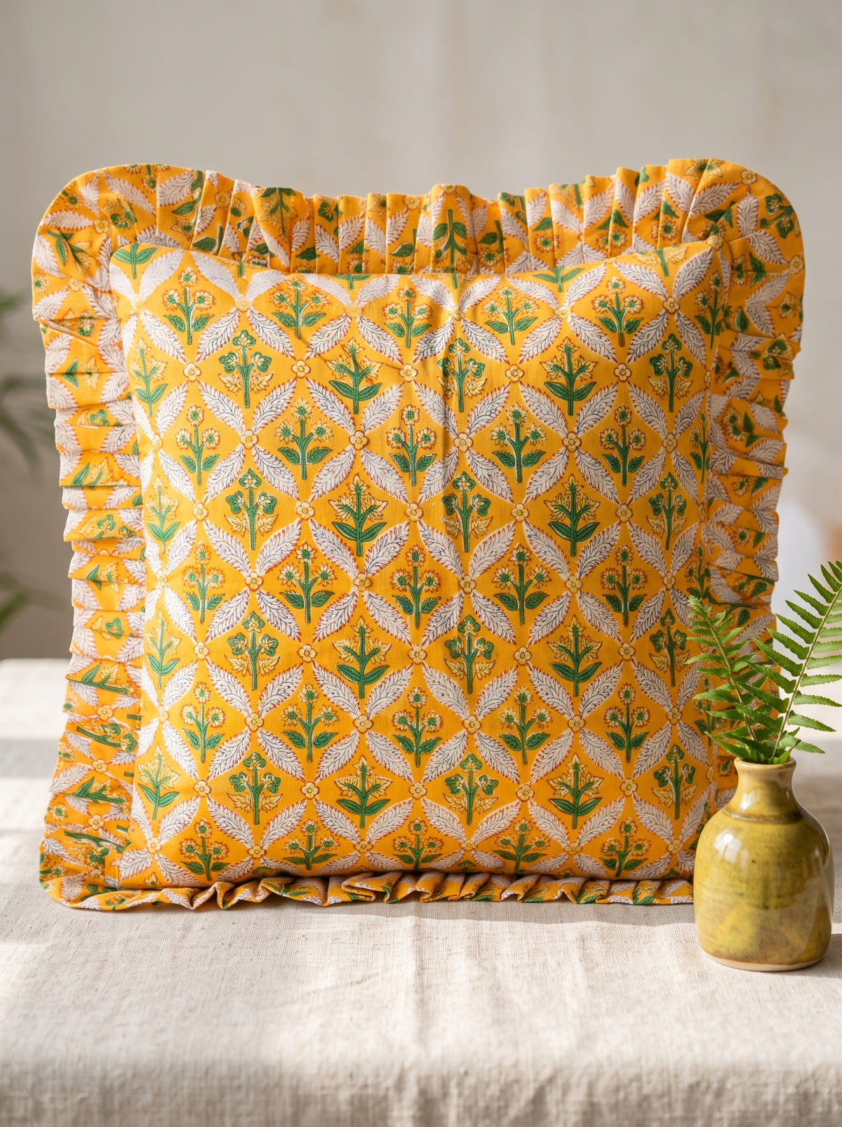 Yellow Floral Hand Block Printed Cotton Cushion Cover  Set of 5 – 18x18