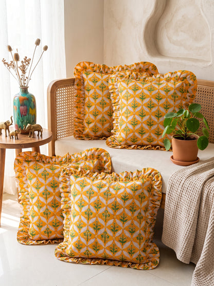 Yellow Floral Hand Block Printed Cotton Cushion Cover  Set of 5 – 18x18