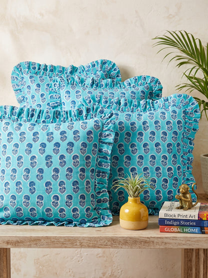 Blue Floral Hand Block Printed Cotton Cushion Cover Set of 5 – 18x18