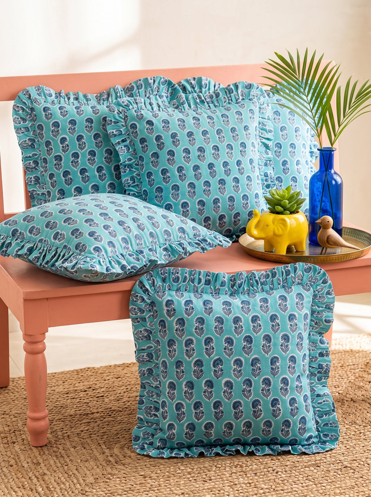 Blue Floral Hand Block Printed Cotton Cushion Cover Set of 5 – 18x18