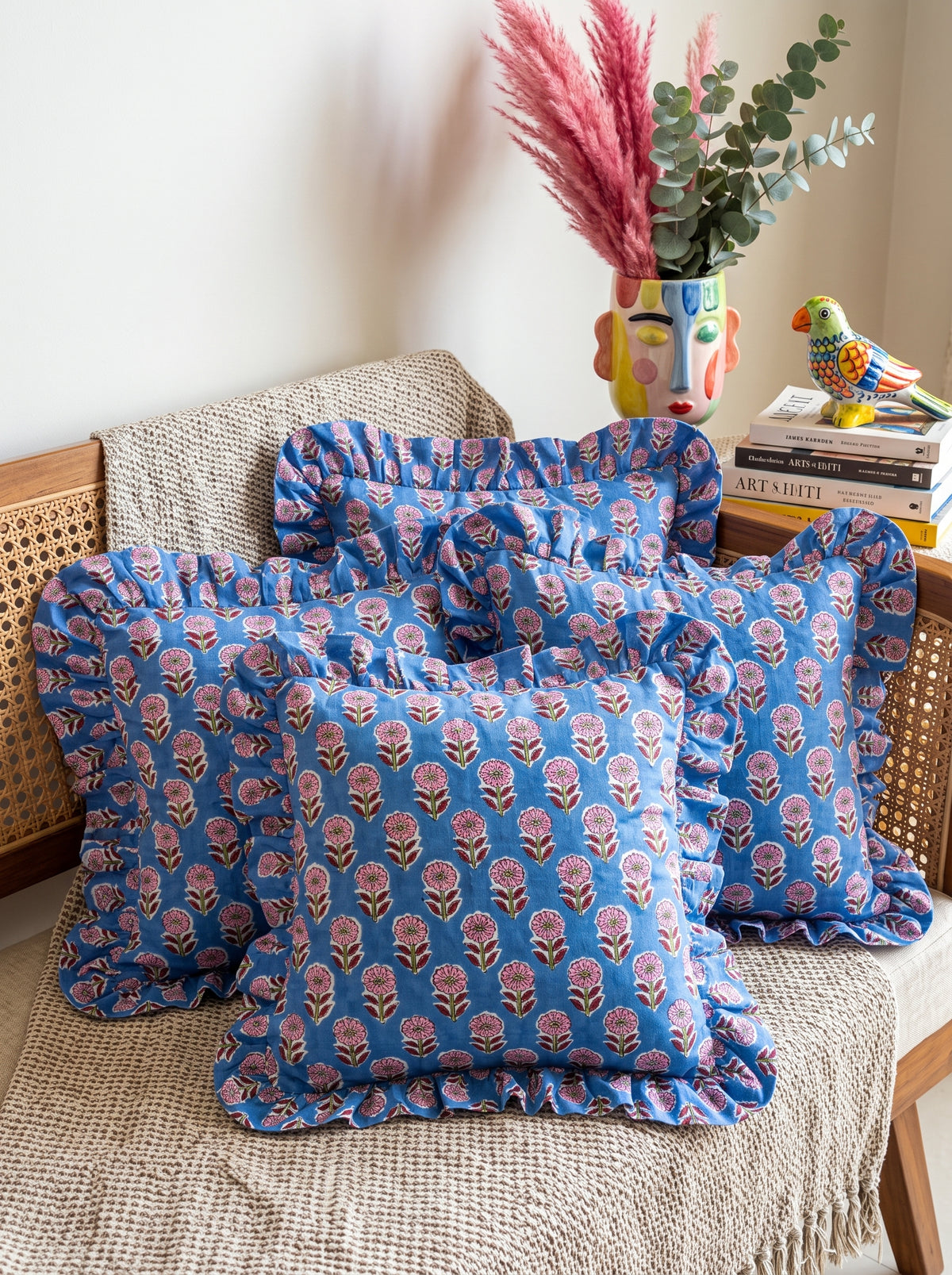 Indigo Floral Hand Block Printed Cotton Cushion Cover Set of 5 – 18x18