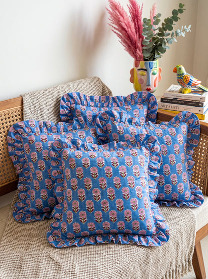 Indigo Floral Hand Block Printed Cotton Cushion Cover Set of 5 – 18x18