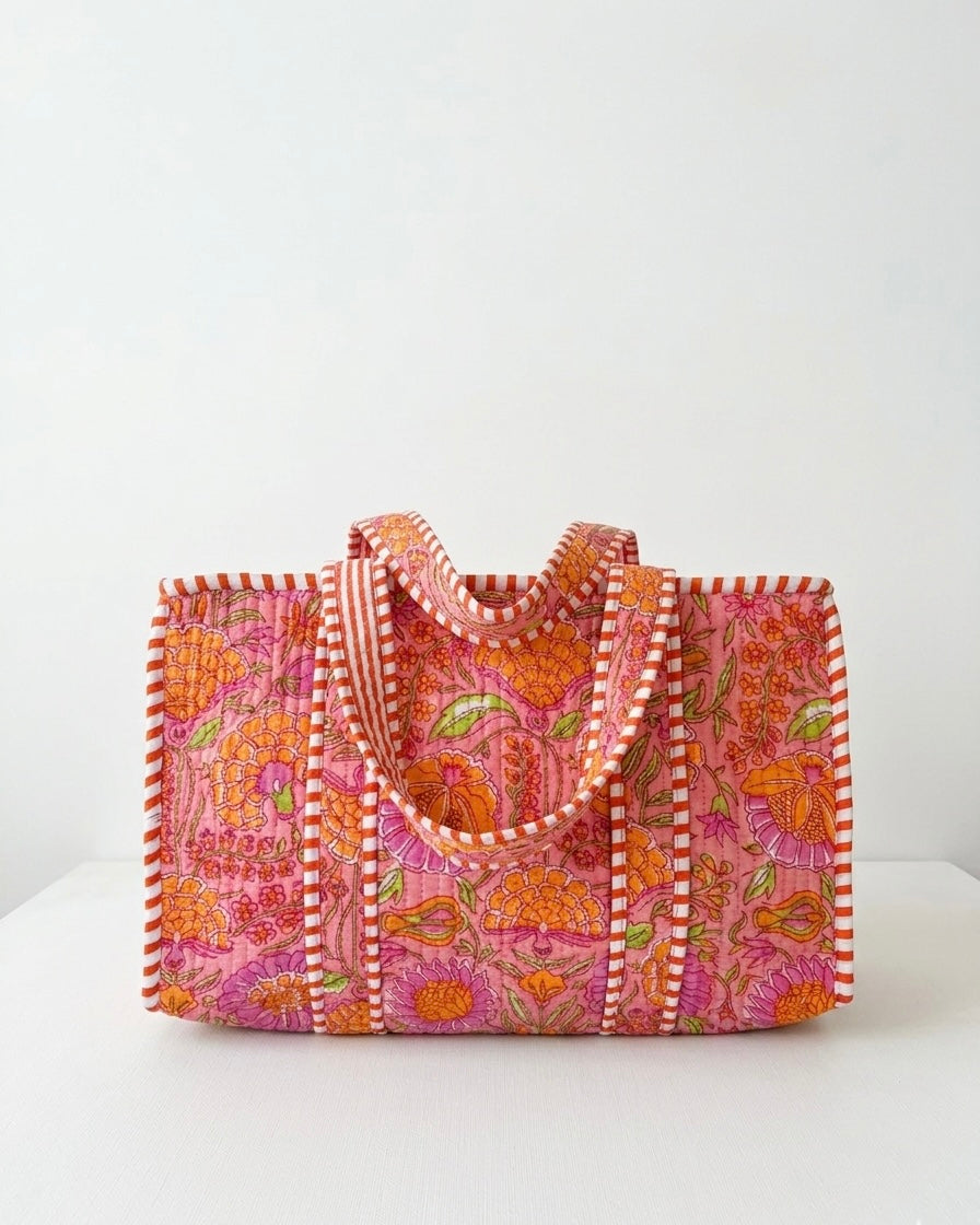 Orange floral Quilted Mini Tote Bag 10X12