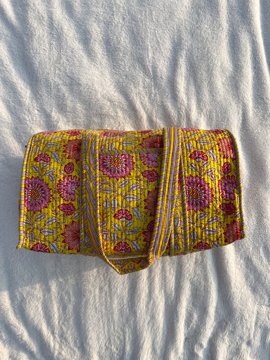 Yellow Floral Print Quilted Cotton Duffle Bag – Lightweight Travel Weekender