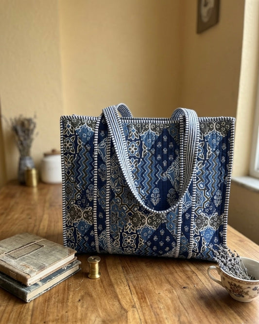 Indigo Blue Patch – Wander Tote Bag 18x18