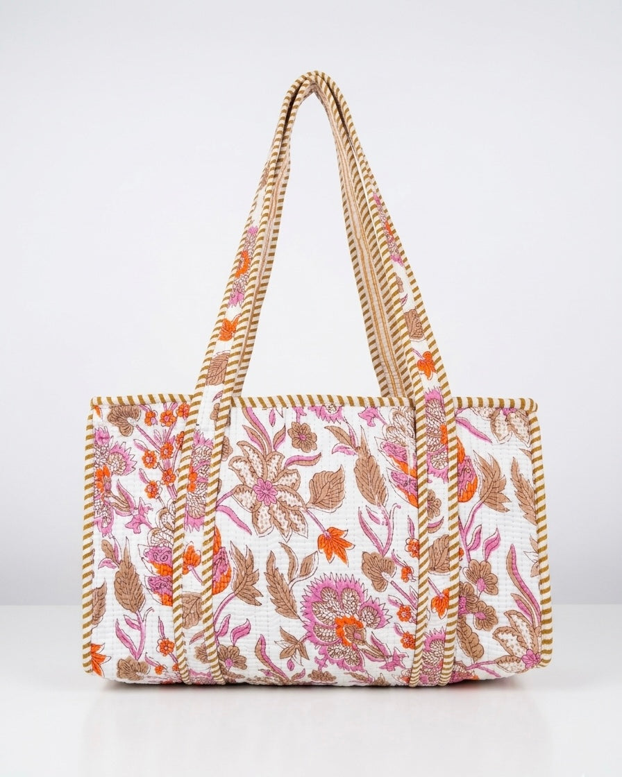 White Floral Quilted Mini Tote Bag 10X12
