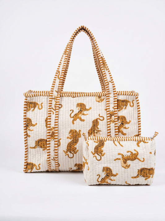 White tiger Quilted Tote & Pouch Set