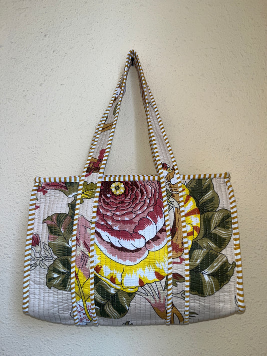 Beige floral printed Quilted Mini Tote Bag 10X12