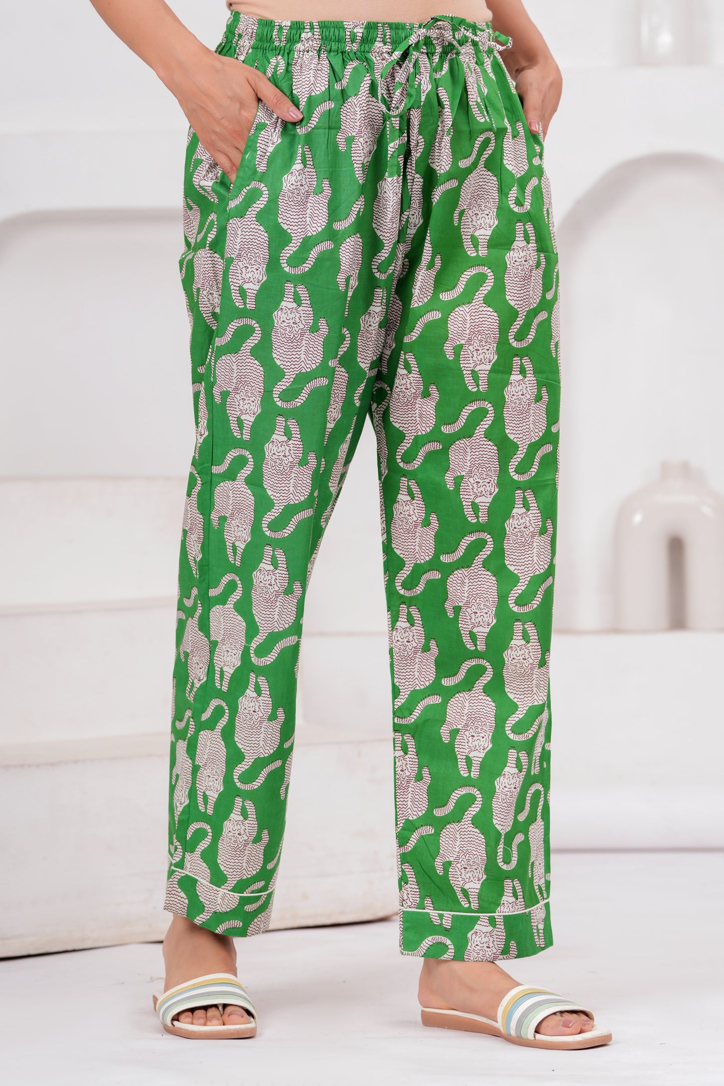 Women's Midnight Green Tiger Print Cotton Night Suit Set -  Elegant Two Piece Pajama Set