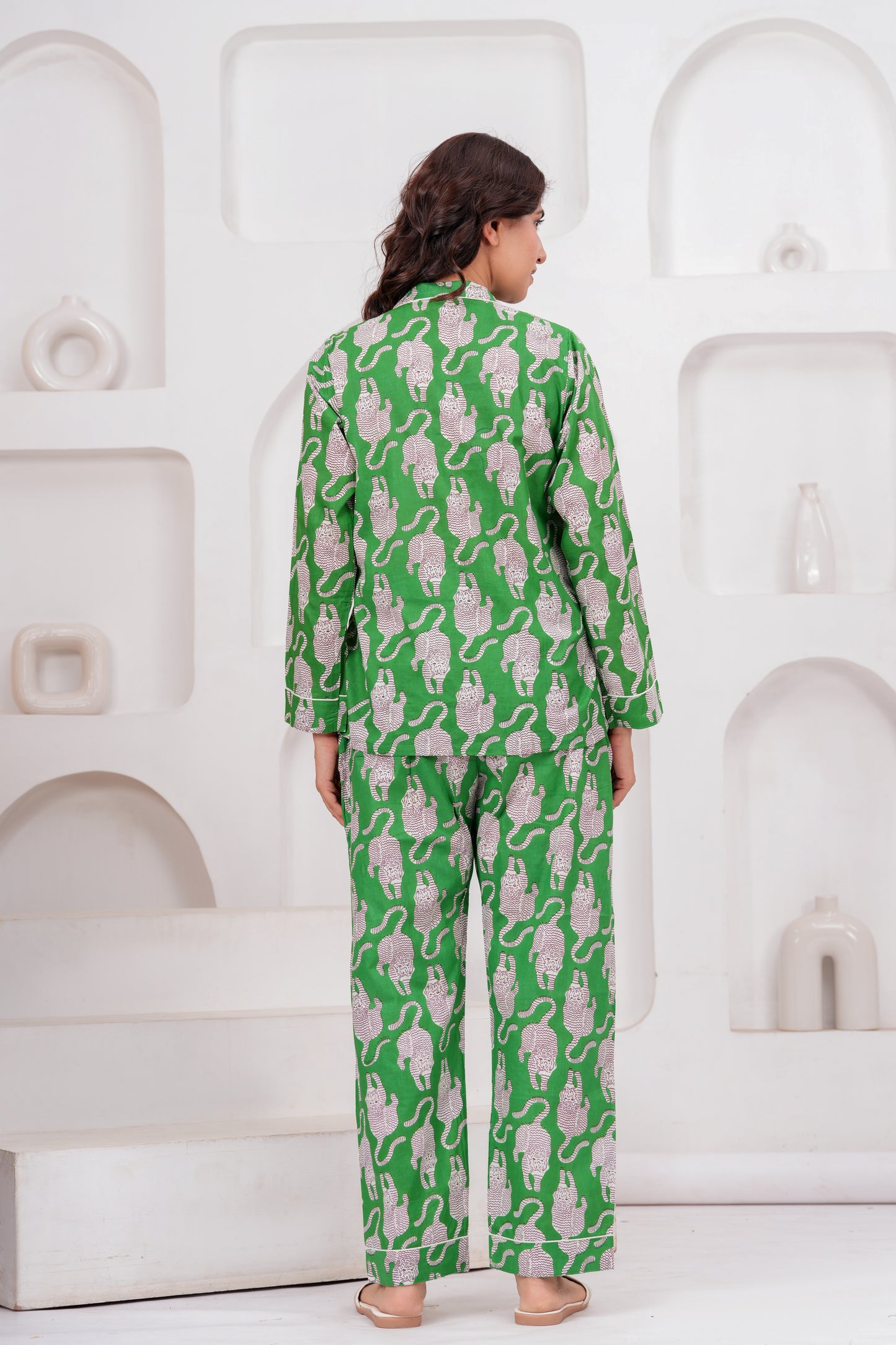 Women's Midnight Green Tiger Print Cotton Night Suit Set -  Elegant Two Piece Pajama Set