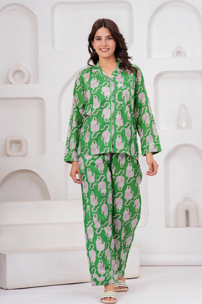 Women's Midnight Green Tiger Print Cotton Night Suit Set -  Elegant Two Piece Pajama Set