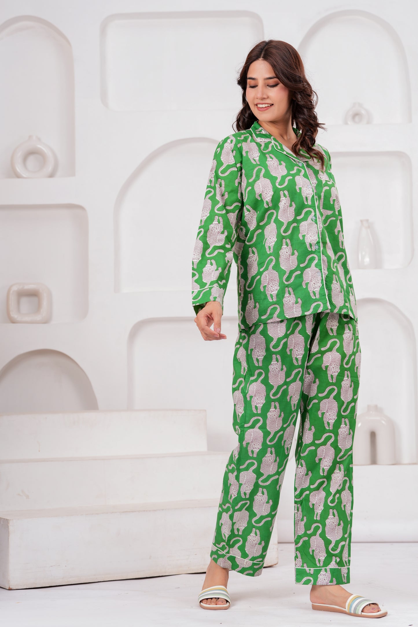 Women's Midnight Green Tiger Print Cotton Night Suit Set -  Elegant Two Piece Pajama Set