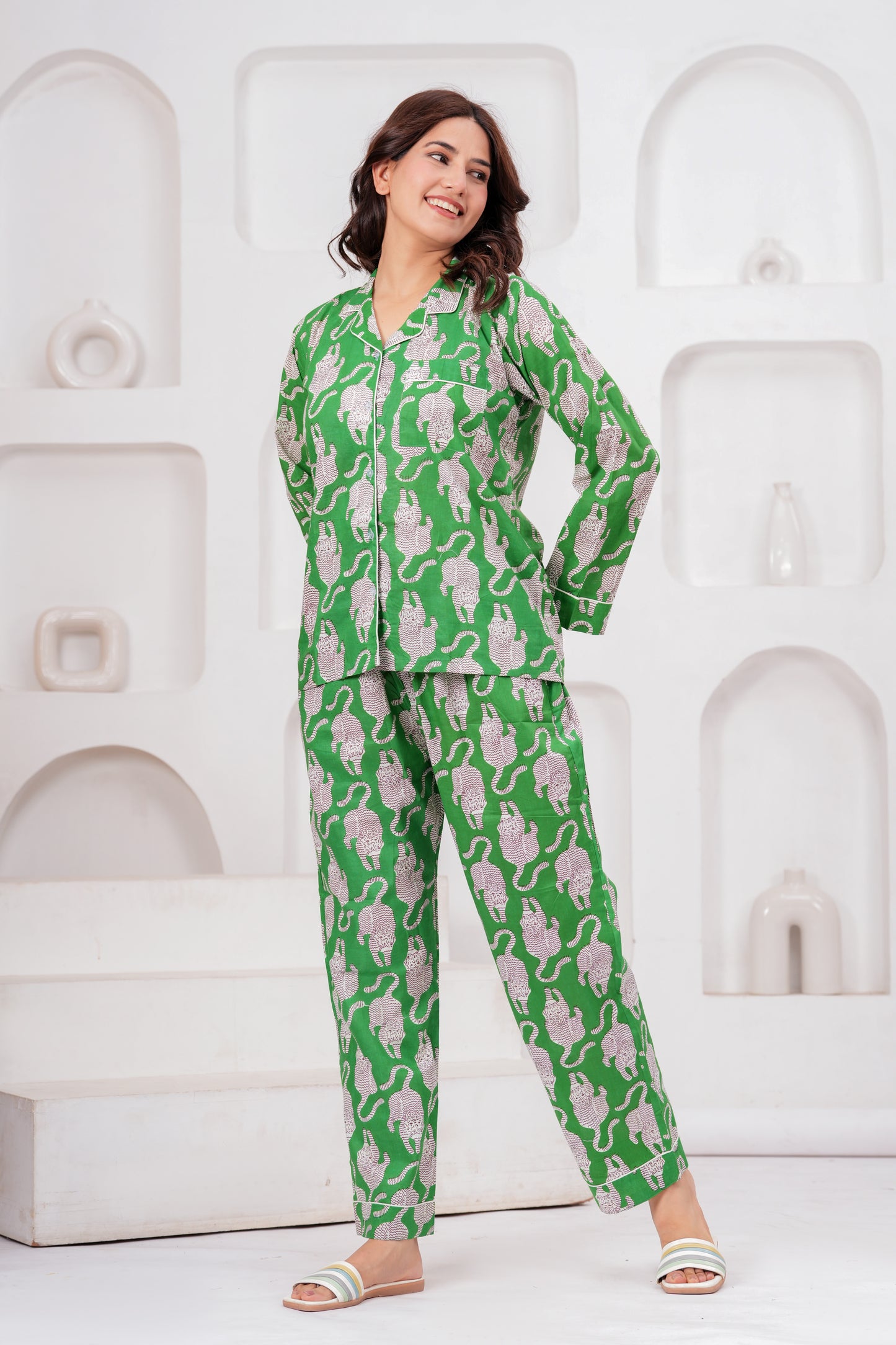Women's Midnight Green Tiger Print Cotton Night Suit Set -  Elegant Two Piece Pajama Set