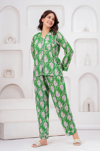 Women's Midnight Green Tiger Print Cotton Night Suit Set -  Elegant Two Piece Pajama Set