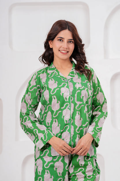 Women's Midnight Green Tiger Print Cotton Night Suit Set -  Elegant Two Piece Pajama Set