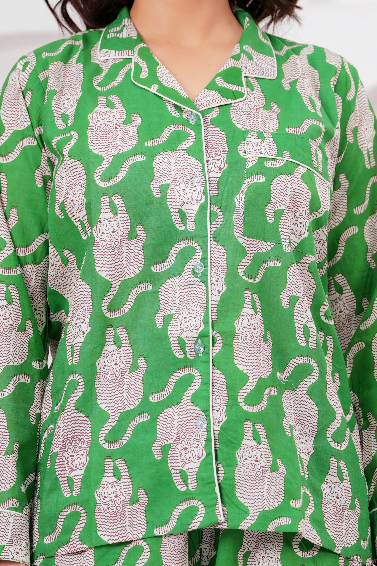 Women's Midnight Green Tiger Print Cotton Night Suit Set -  Elegant Two Piece Pajama Set