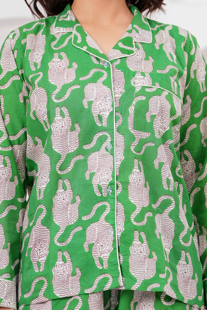 Women's Midnight Green Tiger Print Cotton Night Suit Set -  Elegant Two Piece Pajama Set