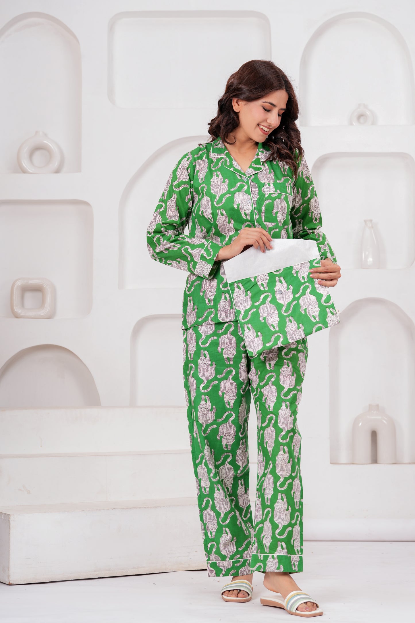 Women's Midnight Green Tiger Print Cotton Night Suit Set -  Elegant Two Piece Pajama Set