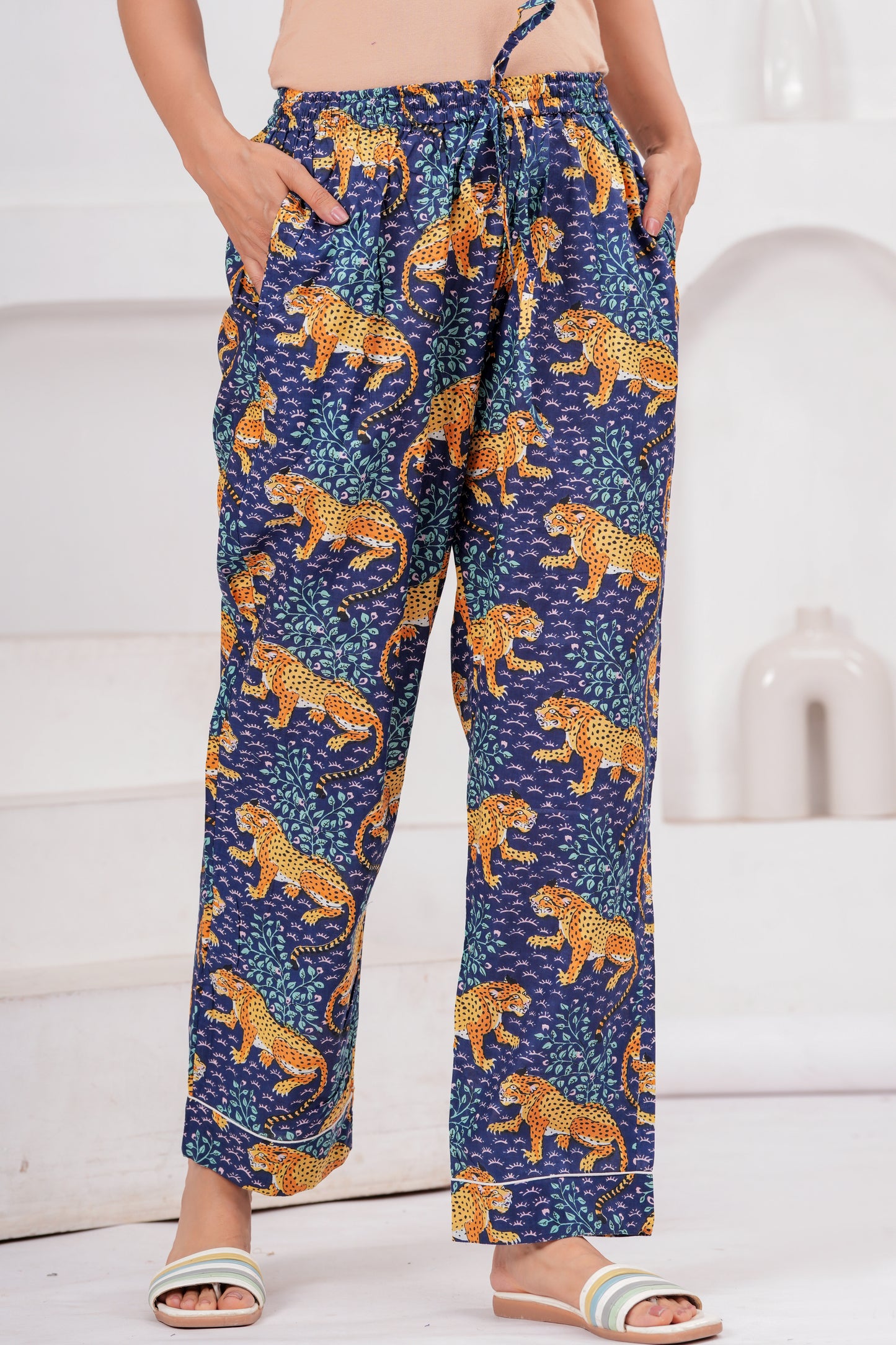 Women's Midnight Blue Leopard Print Cotton Night Suit Set – Elegant Two Piece Pajma Set