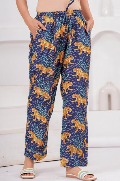 Women's Midnight Blue Leopard Print Cotton Night Suit Set – Elegant Two Piece Pajma Set