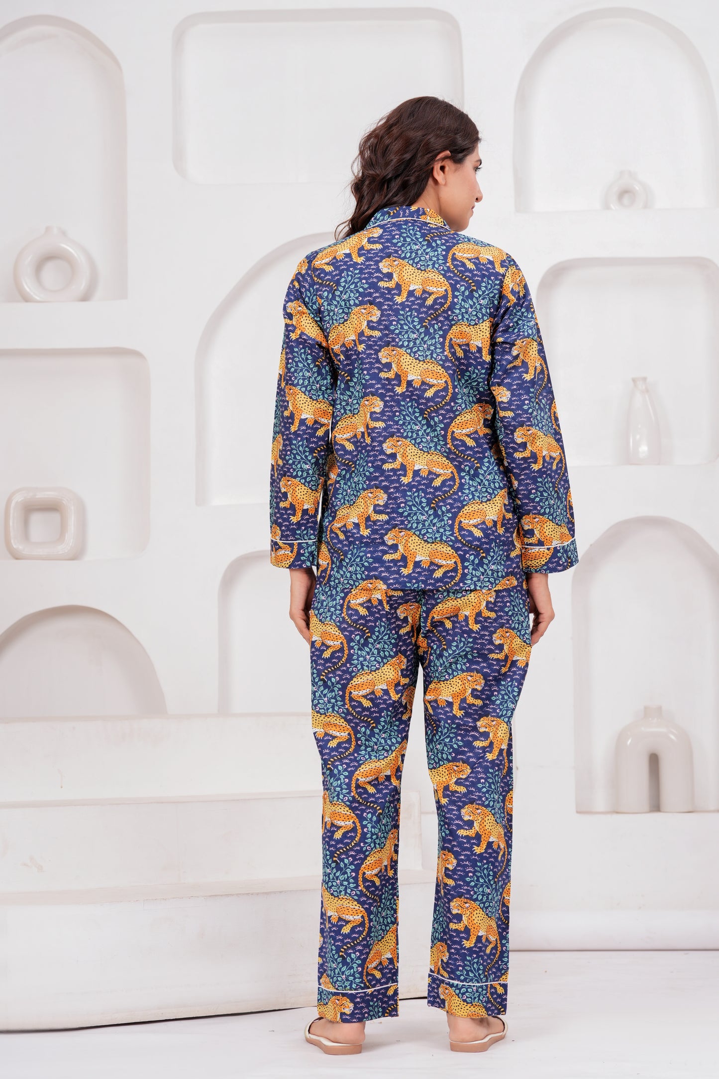 Women's Midnight Blue Leopard Print Cotton Night Suit Set – Elegant Two Piece Pajma Set
