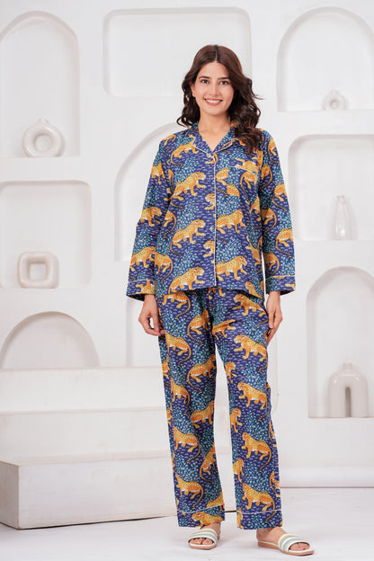 Women's Midnight Blue Leopard Print Cotton Night Suit Set – Elegant Two Piece Pajma Set