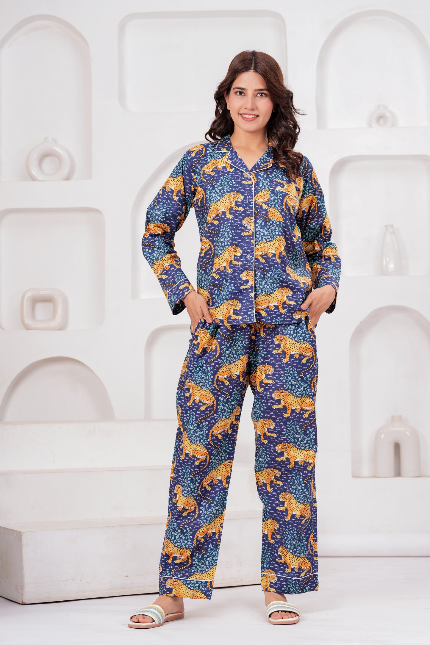 Women's Midnight Blue Leopard Print Cotton Night Suit Set – Elegant Two Piece Pajma Set