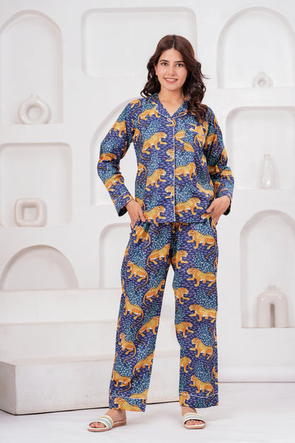 Women's Midnight Blue Leopard Print Cotton Night Suit Set – Elegant Two Piece Pajma Set