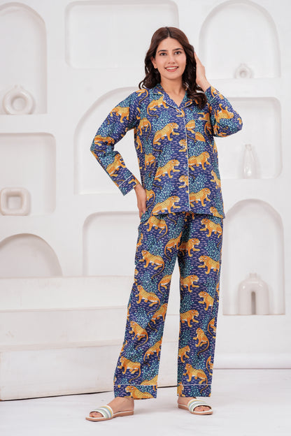 Women's Midnight Blue Leopard Print Cotton Night Suit Set – Elegant Two Piece Pajma Set